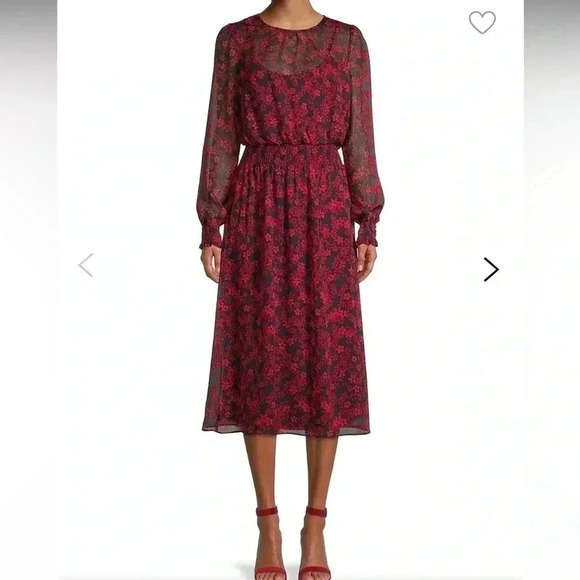 TOMMY HILFIGER DRESS RED BLACK FLORAL CHIFFON LONG SLEEVE MIDI SIZE 4 - Picture 12 of 16